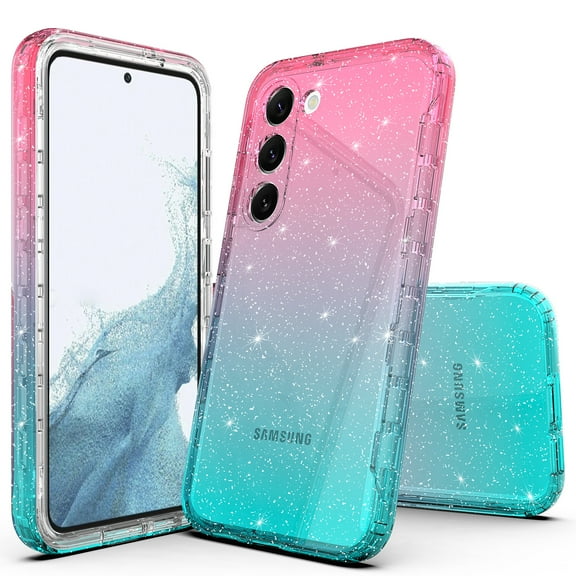 Samsung Galaxy S23 Case, Rosebono Hybrid Glitter Sparkle Transparent Colorful Gradient TPU Skin Cover Protection Case For Samsung Galaxy S23 (Pink/Teal)