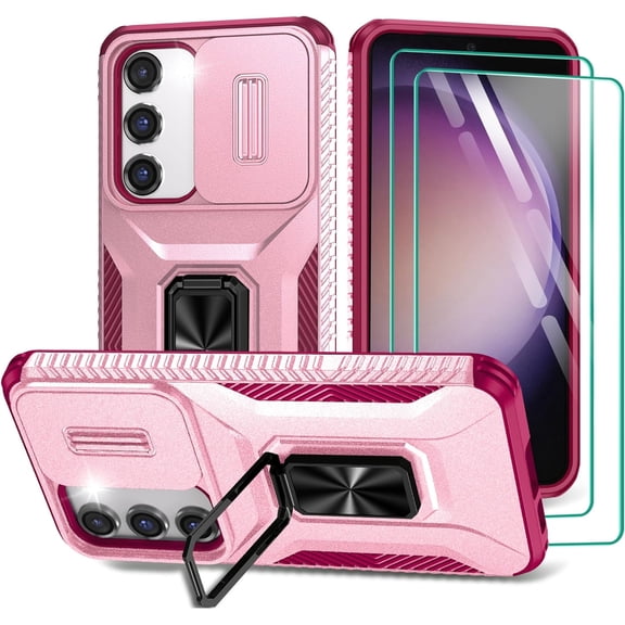 for Samsung Galaxy S23 Case with Slide Camera Cover & Screen Protector (2 PCS), Build in 360° Rotating Ring Kickstand, Military Grade Protective Case for Galaxy S23 6.1 inch, Pink+Red