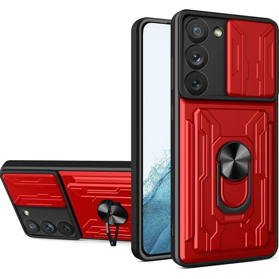 for Samsung Galaxy S23 Case Sliding Window Case with Card Holders, Cover with Slide Camera Protection Built-in Magnetic Kickstand Case for Samsung Galaxy S23 LJK Red