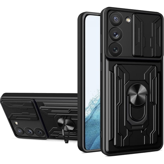 for Samsung Galaxy S23 Case Sliding Window Case with Card Holders, Cover with Slide Camera Protection Built-in Magnetic Kickstand Case for Samsung Galaxy S23 LJK Black