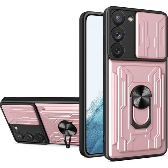 for Samsung Galaxy S23 Case Sliding Window Case with Card Holders, Cover with Slide Camera Protection Built-in Magnetic Kickstand Case for Samsung Galaxy S23 LJK Rose Gold