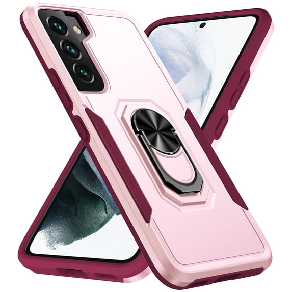 for Samsung Galaxy S23 Case, Slim Fit Military Grade Drop Tested Dual Layer Shockproof Case with 360 Ring Holder Kickstand Protective Rugged Car Magnetic Non-Slip Phone Case,Pink+Rose