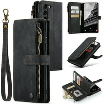 for Samsung Galaxy S23 Case, Wallet Case with Card Holder Kickstand Magnetic Zipper Pocket Lanyard Strap Wristlet,Leather Flip Case Wallet for Samsung Galaxy S23 6.1",Black