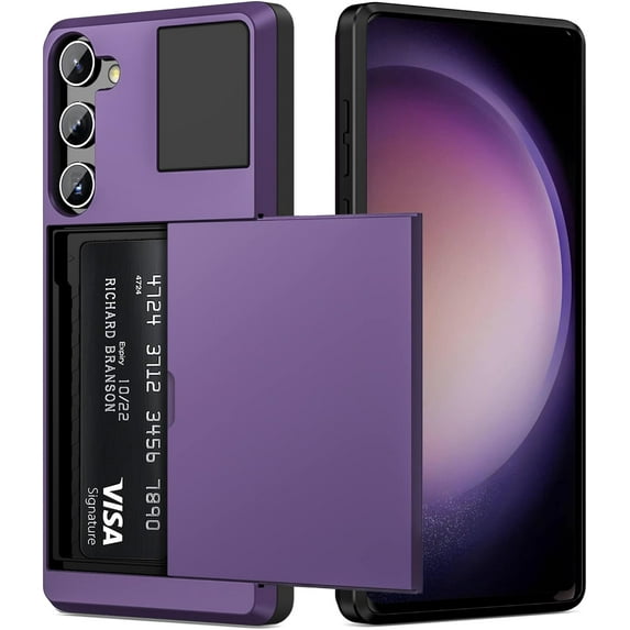 for Samsung Galaxy S23 Case Wallet Credit Card Holder ID Slot Sliding Door Hidden Pocket Men Women Anti-Scratch Dual Layer Hybrid Bumper Armor Protective Shell Back Cover 6.1" GreyPurple