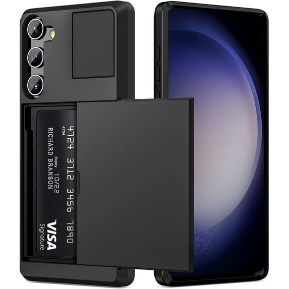 for Samsung Galaxy S23 Case Wallet Credit Card Holder ID Slot Sliding Door Hidden Pocket Men Women Anti-Scratch Dual Layer Hybrid Bumper Armor Protective Shell Back Cover 6.1" Black