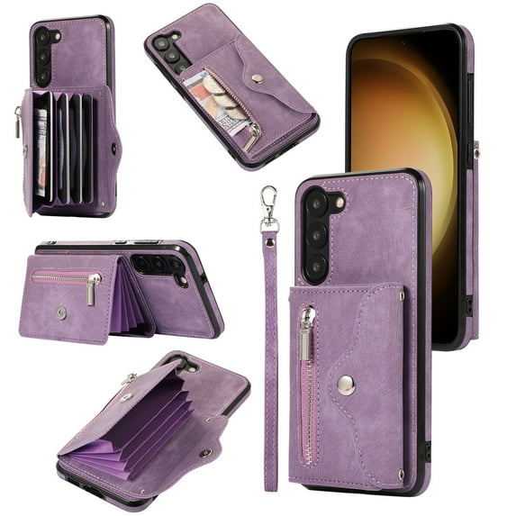 for Samsung Galaxy S23 Case Wallet for Men Women, Removable Adjustable Shoulder Strap & Lanyard Flip PU Leather Slim Back Zipper Purse Magnetic Clasp Case with Card Slot Holder Stand - Purple