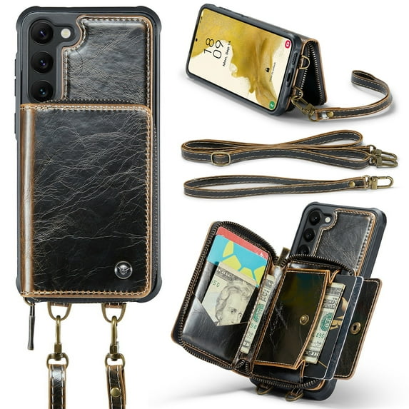 Samsung Galaxy S23 Case Wallet, Zipper Phone Case Purse Women Men with RFID Card Holder Wrist Crossbody Strap Handbag Cover Samsung S23 6.1 inch (5G, 2023), Coffee
