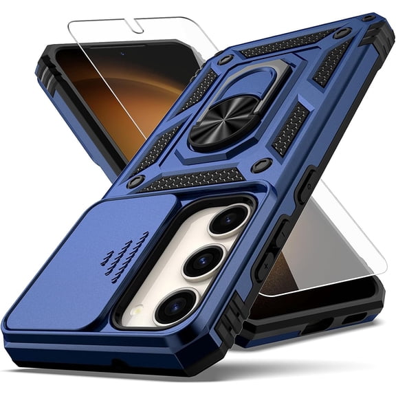 for Samsung Galaxy S23 Case,with Camera Lens Cover HD Screen Protector,[Military Grade] Ring Car Mount Kickstand Hybrid Hard PC Soft TPU Shockproof Protective Case for Galaxy S23, Blue