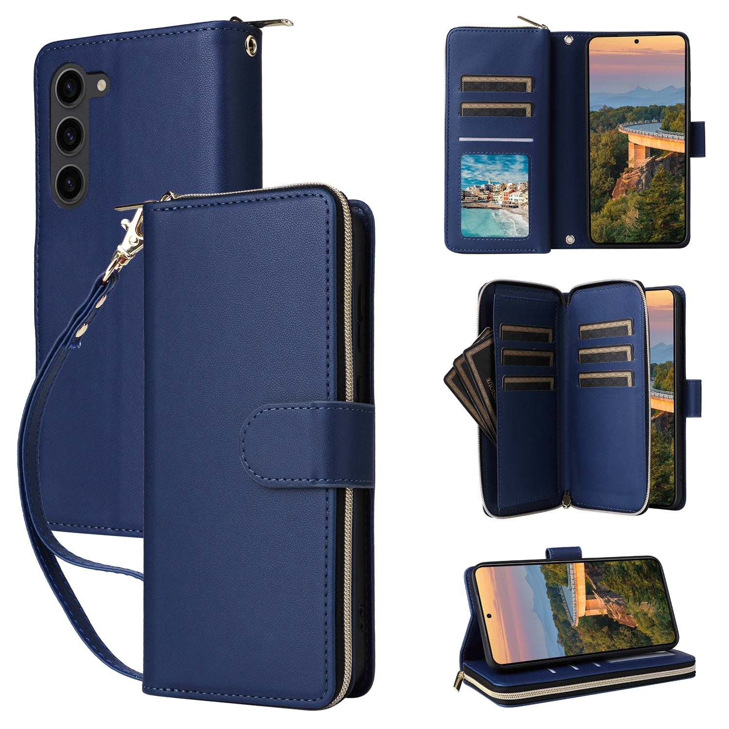 for Samsung Galaxy S23 Crossbody Wallet Case with 9 Card Holders, Cash Slot, Photo Slot, Zipper Pocket PU Leather Magnetic Snap Wallet Phone Case with Flip Stand & Wrist Strap & Lanyard, Blue
