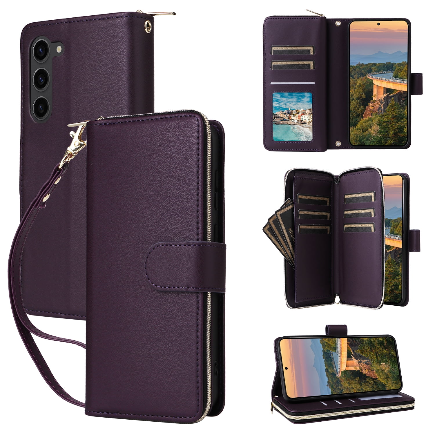 for Samsung Galaxy S23 Crossbody Wallet Case with 9 Card Holders, Cash Slot, Photo Slot, Zipper Pocket PU Leather Magnetic Snap Wallet Phone Case with Flip Stand & Wrist Strap & Lanyard, Darkpurple