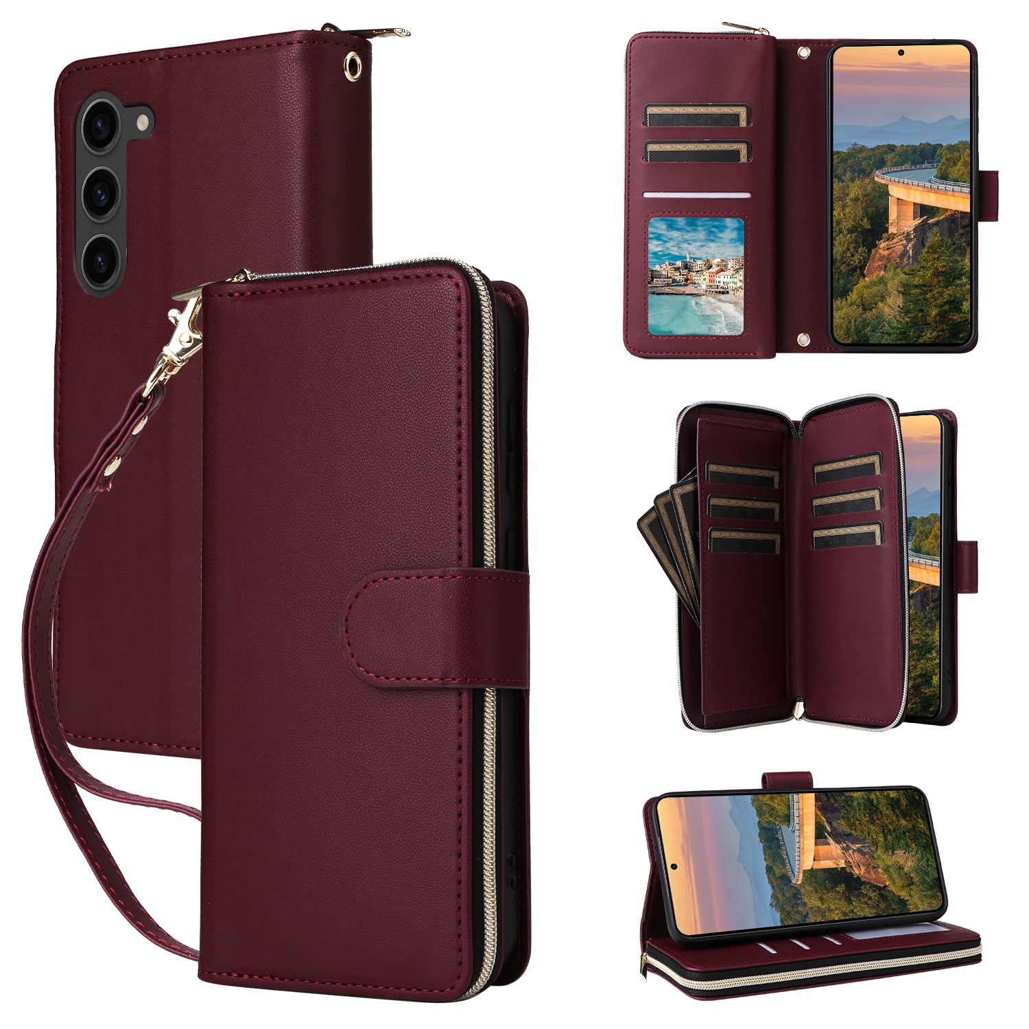 for Samsung Galaxy S23 Crossbody Wallet Case with 9 Card Holders, Cash Slot, Photo Slot, Zipper Pocket PU Leather Magnetic Snap Wallet Phone Case with Flip Stand & Wrist Strap & Lanyard, Winered