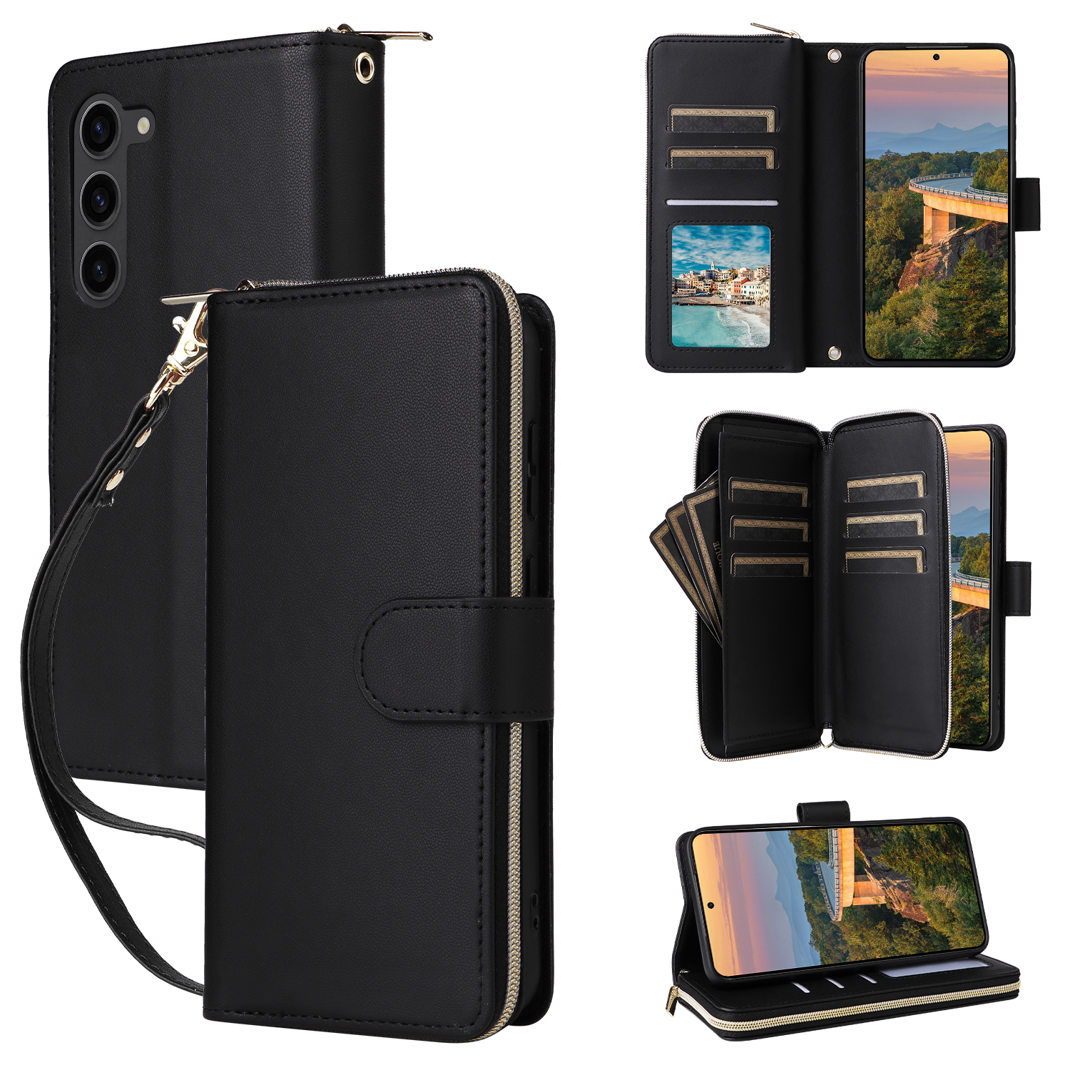 for Samsung Galaxy S23 Crossbody Wallet Case with 9 Card Holders, Cash Slot, Photo Slot, Zipper Pocket PU Leather Magnetic Snap Wallet Phone Case with Flip Stand & Wrist Strap & Lanyard, Black