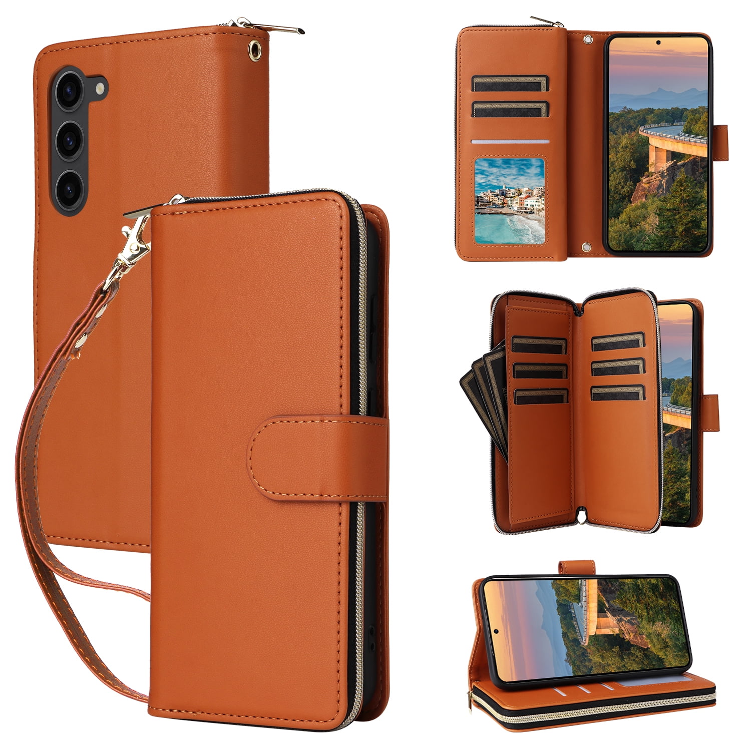 for Samsung Galaxy S23 Crossbody Wallet Case with 9 Card Holders, Cash Slot, Photo Slot, Zipper Pocket PU Leather Magnetic Snap Wallet Phone Case with Flip Stand & Wrist Strap & Lanyard, Brown