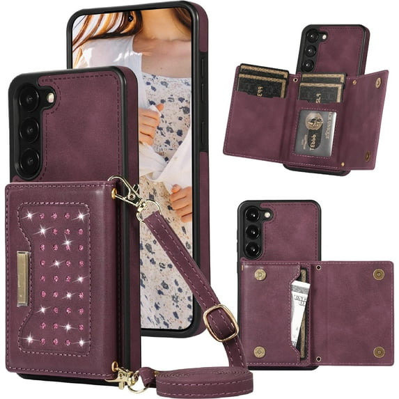 for Samsung Galaxy S23 Crossbody Wallet Case for Women, Bling Glitter PU Leather Phone Case with RFID Blocking Card Holder Cover for Samsung Galaxy S23 SZ Red
