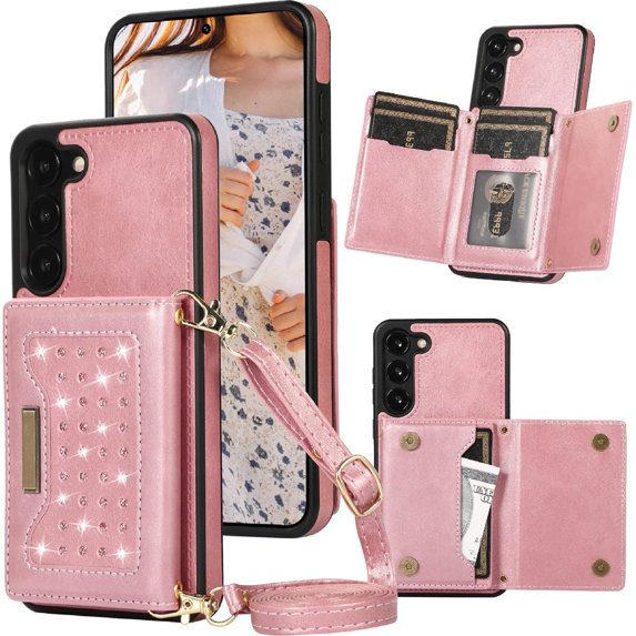 for Samsung Galaxy S23 Crossbody Wallet Case for Women, Bling Glitter PU Leather Phone Case with RFID Blocking Card Holder Cover for Samsung Galaxy S23 SZ Rose Gold