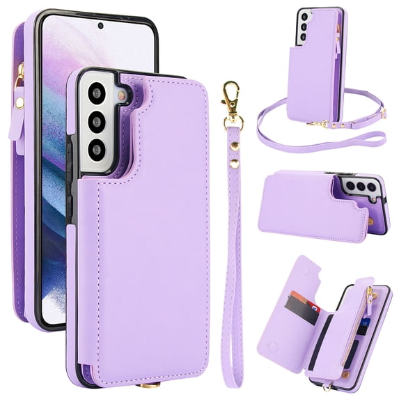 for Samsung Galaxy S23 Crossbody Wallet Phone Case with Card Holder&Zipper, Back Flip Folio PU Leather Kickstand Card Slots Double Magnetic Clasp Shockproof Case for Women Girls,Lightpurple