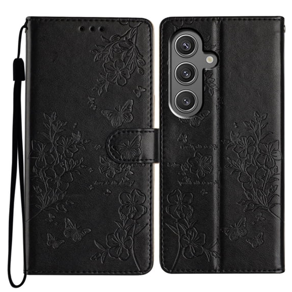 For Samsung Galaxy S23 FE 5G 6.4" Butterflies&Flowers Patterned Embossed Strong Magnetic Attachment/Closure, Card Slots/Pocket, PU Leather Flip Wallet Case ,Black,For Galaxy S23 FE 5G