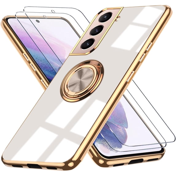 for Samsung Galaxy S23 FE 5G Case, with 2 Screen Protector, Built-in 360° Ring Holder Magnetic Stand, Luxury Electroplated Plating Edge Shockproof Protective Phone Cover, White