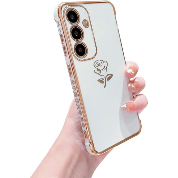 for Samsung Galaxy S23 FE 5G Case Cute Rose Flower Phone Case for Women Girls Luxury Plating Full Camera Lens Cover Protect Shockproof Galaxy S23 FE Case 6.4" Soft Silicone Bumper (White)