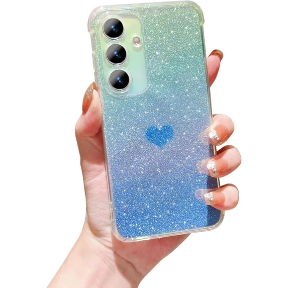 for Samsung Galaxy S23 FE 5G Case Iridescent Holographic, Gradient Bling Glitter Clear Phone Case with Camera Lens Cover Soft Shockproof Cute Heart S23 FE Case for Women Girls 6.4" (Blue Heart)
