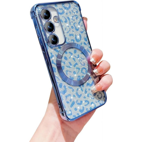 for Samsung Galaxy S23 FE 5G Case Magnetic Compatible with MagSafe Cute Leopard Bling Glitter Women Phone Case Luxury Plating Clear Camera Cover Shockproof Soft Bumper for S23 FE 6.4 " (Sierra Blue)