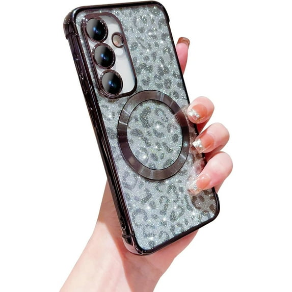 for Samsung Galaxy S23 FE 5G Case Magnetic Compatible with MagSafe Cute Leopard Bling Glitter Women Phone Case Luxury Plating Clear Camera Cover Shockproof Soft Bumper for S23 FE 6.4" (Black)