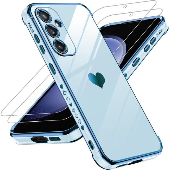 for Samsung Galaxy S23 FE 5G Case: with Tempered Glass Screen Protector [2 Pcs]+ Full Camera Lens Protection,Love Heart Plating Girly Women Cute Soft TPU Shockproof Case for S23 FE 5G,Sierra Blue
