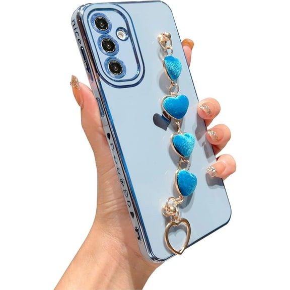 Samsung Galaxy S23 FE 5g 6.4" Phone Case with Heart Bracelet Strap Luxury Plating Cute Love Hearts Cover with Hearts Hand Chain for Women Full Camera Protection Shockproof Bumper (Blue)