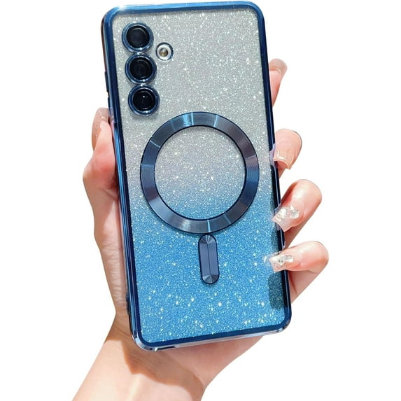 Samsung Galaxy S23 FE 5g Magnetic Case with Camera Lens Protector, Luxury Plating Bling Gradient Glitter Cover Compatible with MagSafe Soft Clear Shockproof Protective Case (Blue, 6.4")