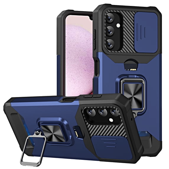 For Samsung Galaxy S23 FE Case with Card Holder & 360° Magnetic Ring Stand Heavy Duty Camera Lens Slide Dual Layer Shockproof Hidden Card Slot Slim Wallet Phone Case Cover for Women Men,Navy