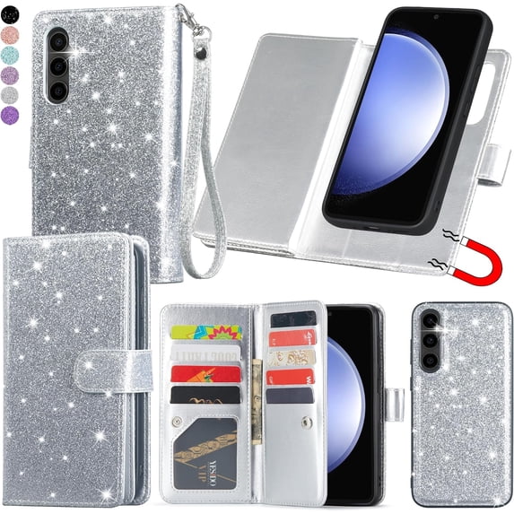 for Samsung Galaxy S23 FE Case, Detachable for Galaxy S23 FE Case Wallet with Card Holder Kickstand Wrist Strap Women Men Glitter PU Leather Flip Case for Samsung S23 FE, Silver