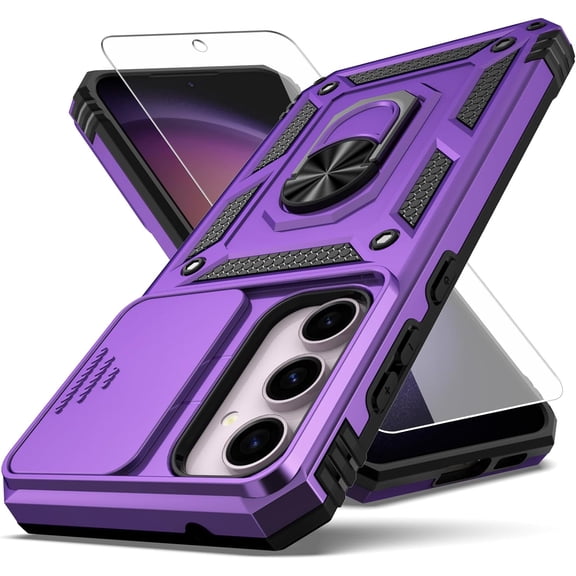 for Samsung Galaxy S23 FE Case,Galaxy S23 FE Case,with Slide Camera Cover+ HD Screen Protector,Rotated Ring Kickstand Military Grade Shockproof Protective Cover-Purple