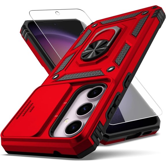 for Samsung Galaxy S23 FE Case,Galaxy S23 FE Case,with Slide Camera Cover+ HD Screen Protector,Rotated Ring Kickstand Military Grade Shockproof Protective Cover-Red