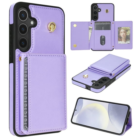 for Samsung Galaxy S23 FE Case, PU Leather Crossbody Wallet Case with Card Holder, Kickstand, Magnetic Clasp Folio Zipper Purse, Adjustable Removable Strap, Protective Back Cover, Purple