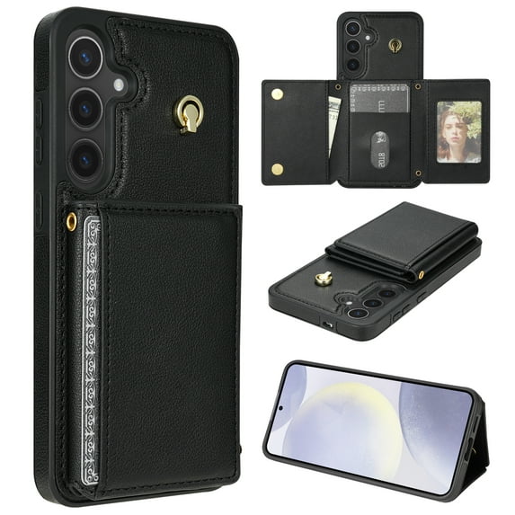 for Samsung Galaxy S23 FE Case, PU Leather Crossbody Wallet Case with Card Holder, Kickstand, Magnetic Clasp Folio Zipper Purse, Adjustable Removable Strap, Protective Back Cover, Black