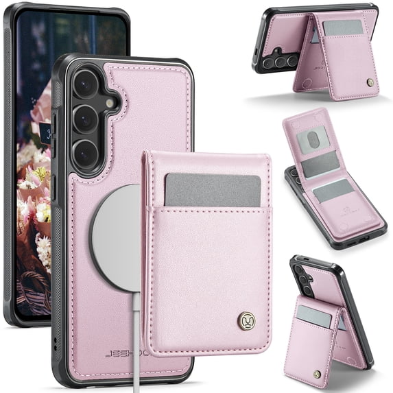 for Samsung Galaxy S23 FE Case with RFID Blocking Card Holder Samsung Galaxy S23 FE Case Magsafe Compatible Phone case Kickstand Wallet 2 in 1 Detachable Magnetic Leather Cover for Men Women, Pink