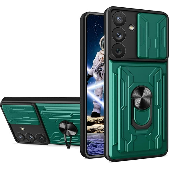 for Samsung Galaxy S23 FE Case (S23) with Slide Camera Cover, Heavy Duty Protective with Ring Kickstand & Card Holder Cell Phone Case for Samsung Galaxy S23 FE LJK Green