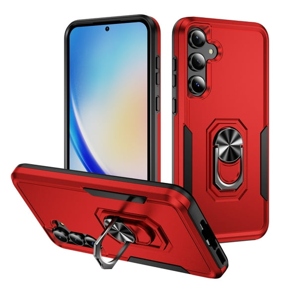 for Samsung Galaxy S23 FE Case, Slim Fit Military Grade Drop Tested Dual Layer Shockproof Case with 360 Ring Holder Kickstand Protective Rugged Car Magnetic Non-Slip Phone Case,Red+Black