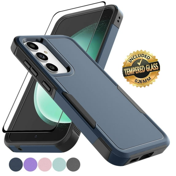 Samsung Galaxy S23 FE Case with Tempered Glass Screen Protector, Tekcoo Heavy Duty Rugged Shockproof Full Body Protective 2-IN-1 Phone Case Cover for Galaxy S23 FE, Dark Blue