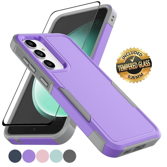 Samsung Galaxy S23 FE Case with Tempered Glass Screen Protector, Tekcoo Heavy Duty Rugged Shockproof Full Body Protective 2-IN-1 Phone Case Cover for Galaxy S23 FE, Purple
