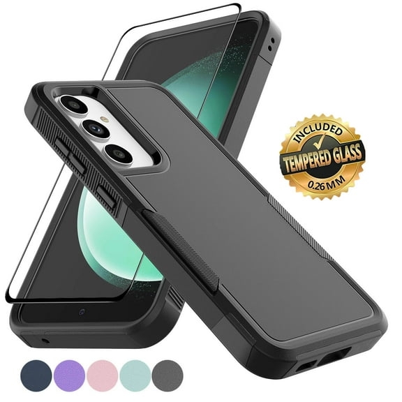 Samsung Galaxy S23 FE Case with Tempered Glass Screen Protector, Tekcoo Heavy Duty Rugged Shockproof Full Body Protective 2-IN-1 Phone Case Cover for Galaxy S23 FE, Black