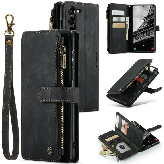 for Samsung Galaxy S23 FE Case, Wallet Case with Card Holder Kickstand Magnetic Zipper Pocket Lanyard Strap Wristlet,Leather Flip Case Wallet for Samsung Galaxy S23 FE,Black