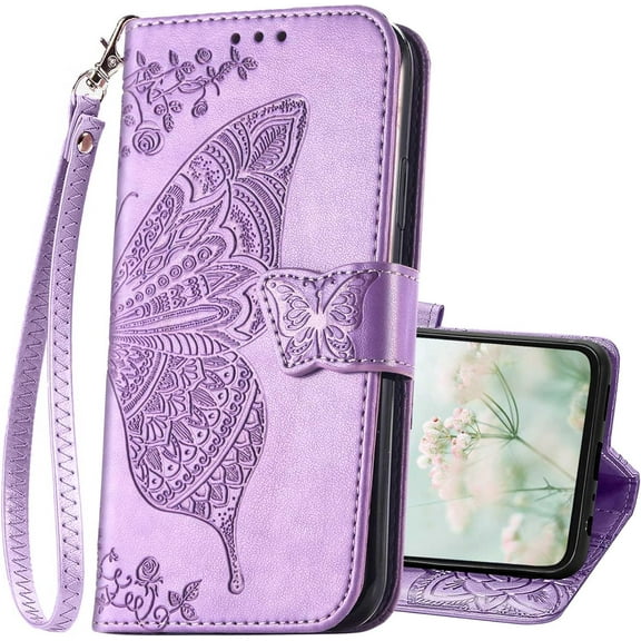 for Samsung Galaxy S23 FE Case Wallet,Women Butterfly Embossed PU Leather Flip Folio Cover Card Holder Slots Stand with Wrist Strap Phone Case Wallet for Galaxy S23 FE 5G (Lavender)