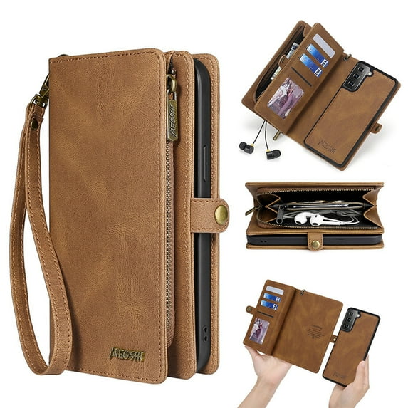 for Samsung Galaxy S23 FE Case for Women Men, Removable Durable PU Leather Magnetic Flip Strap Wristlet Zipper Purse Card Holder Detachable Wallet Phone Cases for Samsung Galaxy S23 FE, Brown