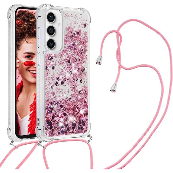 for Samsung Galaxy S23 FE Clear Case with Crossbody Lanyard, Glitter Sparkly Bling Quicksand with Detachable Adjustable Shoulder Neck Strap Cover Cases for Samsung S23 FE QKG Rose Gold