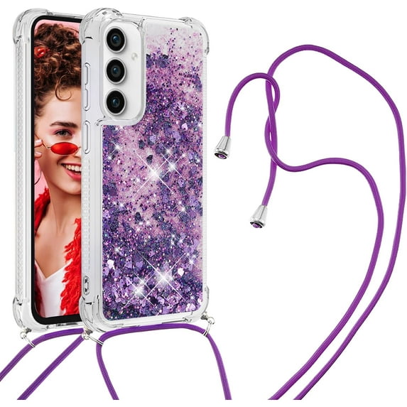 for Samsung Galaxy S23 FE Clear Case with Crossbody Lanyard, Glitter Sparkly Bling Quicksand with Detachable Adjustable Shoulder Neck Strap Cover Cases for Samsung S23 FE QKG Purple