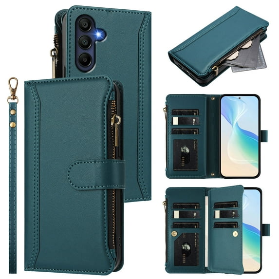 for Samsung Galaxy S23 FE Flip Wallet Case, PU Leather Protective Rugged Cover with Credit Card Slots Zipper Pocket, Shock-Absorbent Kickstand Magnetic Closure Lanyard & Shoulder Strap, Darkgreen
