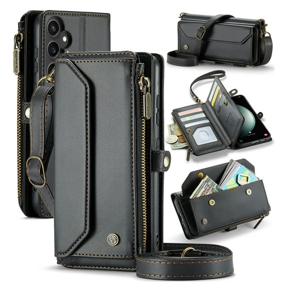 for Samsung Galaxy S23 FE Full Body Protection Wallet Folio Flip Case, Shoulder Strap & Wristlet Card Slots Zipper Pocket RFID Blocking Rugged Durable PU Leather Phone Case Cover, Black