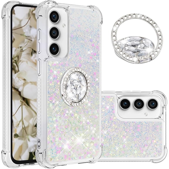 for Samsung Galaxy S23 FE Glitter Case for Women Girls, Sparkle Flowing Clear Quicksand Waterfall Soft TPU Liquid Case Cover with Bling Diamond Ring for Samsung Galaxy S23 FE -Colorful
