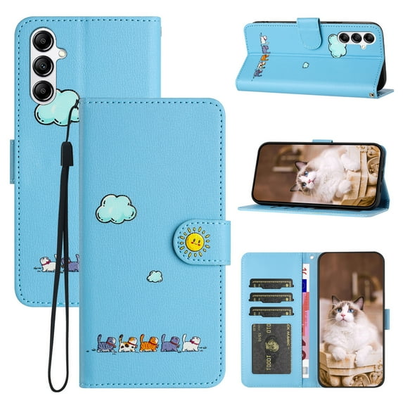 for Samsung Galaxy S23 FE Lovely Cartoon Pattern Wallet Flip PU Leather Case, with Wrist Strap / Credit Card Slots / Photo Slot / Cash Pocket Kickstand Cute Phone Cover for Galaxy S23 FE, Blue